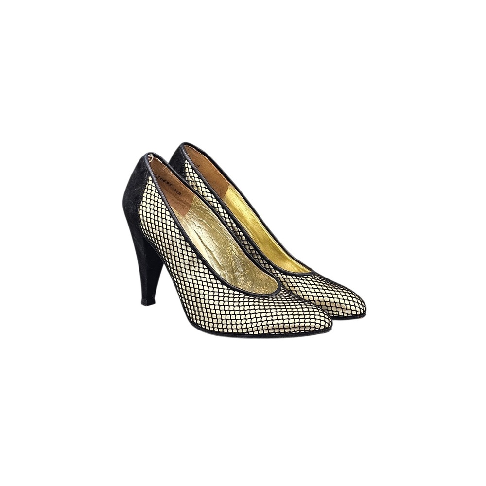 Christian Dior Souliers Women's Size 5.5 B Vintage 70's Black Gold Fishnet Heels